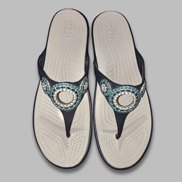 Crocs Sanrah Diamante Wedge Flip Sandals Deep Heel Cups Silver/Navy Women’s 10W - Picture 3 of 7